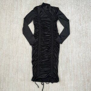 Fashion Nova Black Long Sleeve Ruched Bodycon Stretch Midi Dress S